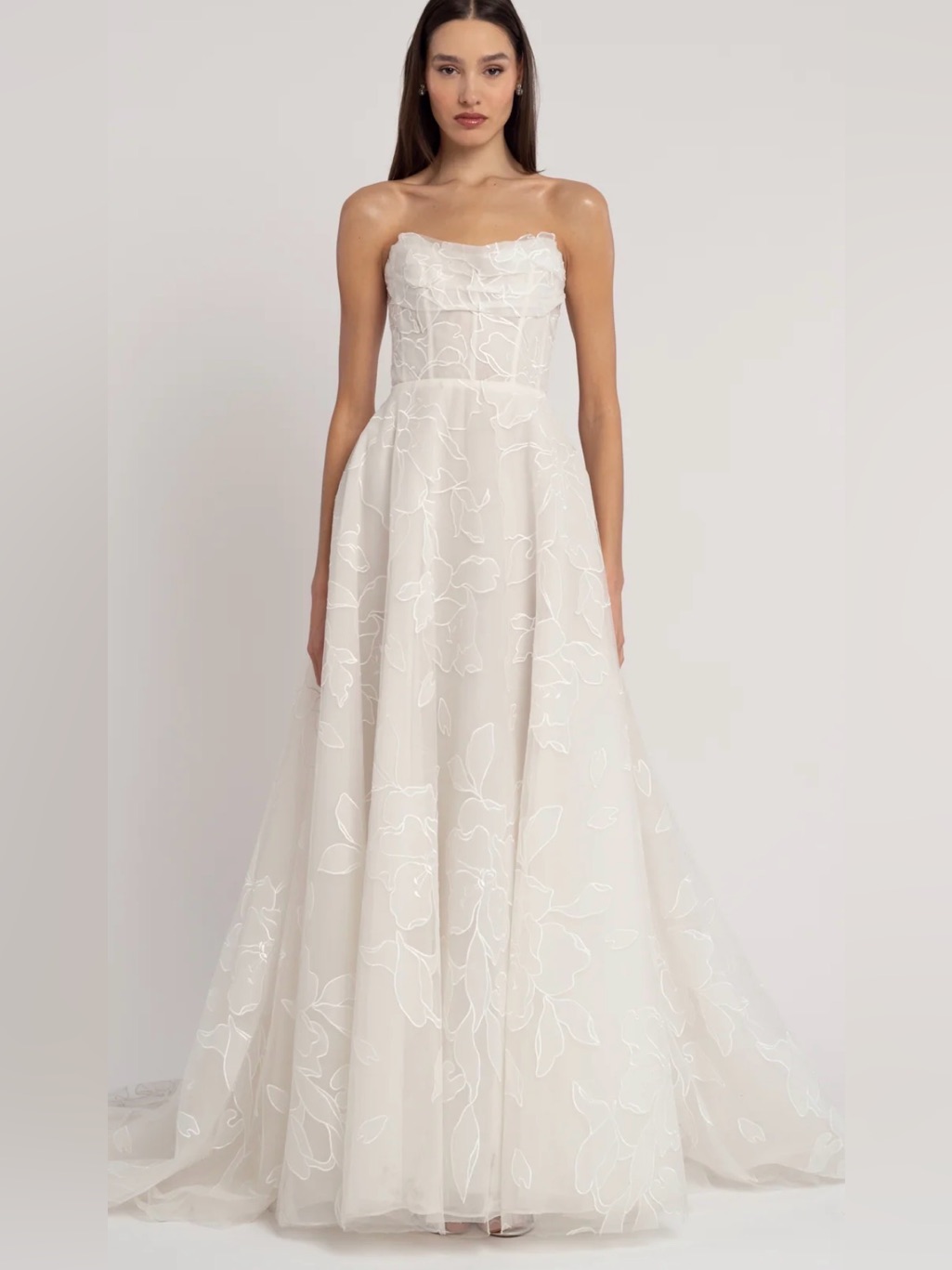 Jenny Yoo Lorelai Strapless White Floral Embroidered Gown